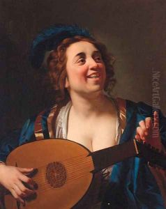 A woman playing the lute by Gerrit Van Honthorst