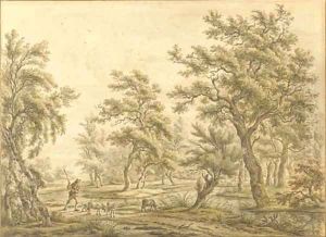 A herdsman and his sheep on a path near a stream in a forest landscape by Carel Lodewijk Hansen