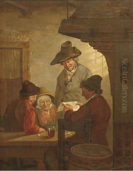 An interior with a peasant reading to three listeners - view 1