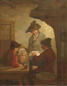 An interior with a peasant reading to three listeners