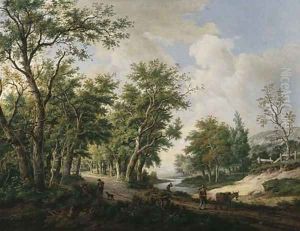 A wooded landscape with travellers conversing by the edge of a forest, another traveller with his mule on a path
