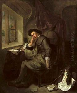 A scholar seated at his writing desk in an interior, books and documents in the foreground by Hendrick Heerschop or Herschop