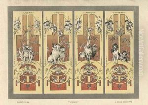 Monkeys cats herons and dogs plate 3 from Fantaisies decoratives by Jules Auguste Habert-Dys