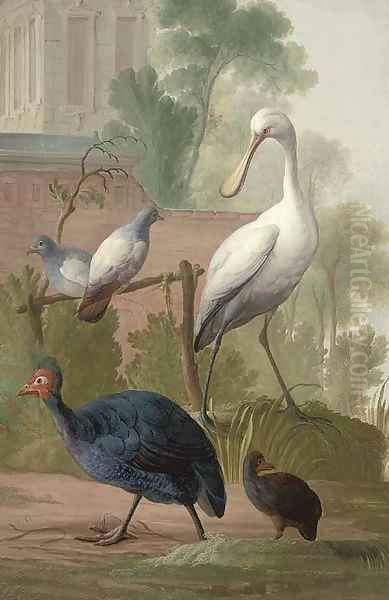 Pigeons, guinea fowl and a spoonbill in a garden, by a walled palace - view 1