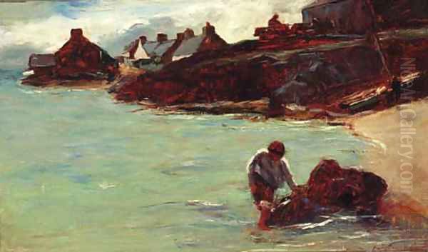 Figures in a cove, a village beyond - view 1