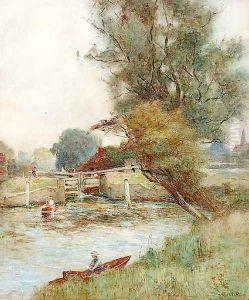 Figures in punts before a loch with a view of Windsor in the distance