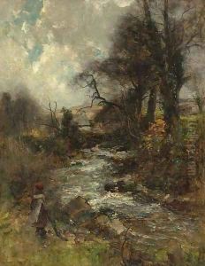 A child by a wooded stream by Joshua Anderson Hague