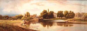 Cattle watering on the Bend of a tranquil River, a Village and Country House beyond by Edward Henry Holder