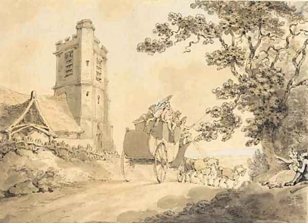 Figures seated on a bank waving to the passing stage coach - view 1