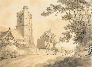 Figures seated on a bank waving to the passing stage coach by Samuel Howitt