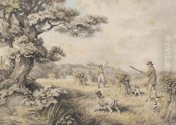 Huntsmen and dogs shooting over a cornfield - view 1