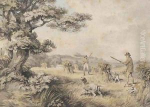Huntsmen and dogs shooting over a cornfield by Samuel Howitt