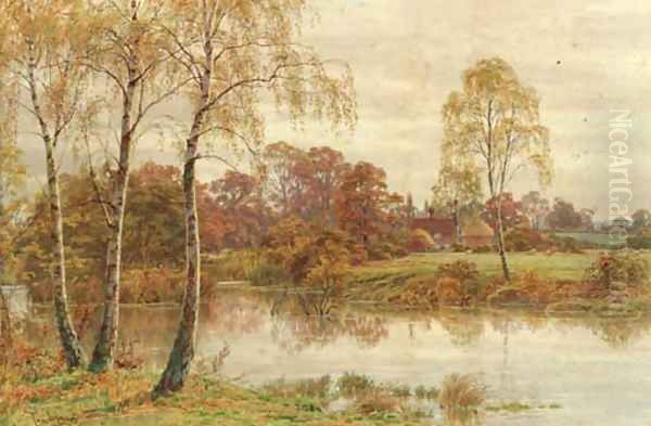 Silver birch trees beside a river with a cottage in the distance - view 1