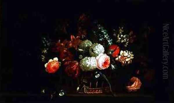 Still Life of Flowers in a Basket on a Stone Ledge - view 1