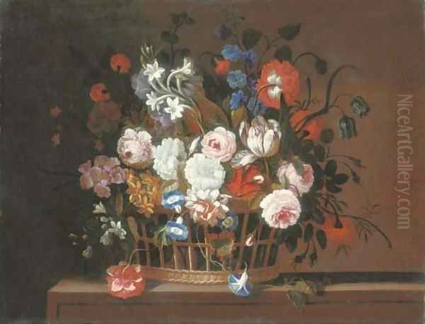Roses, tulips, morning glory, carnations, delphinium, primrose, narcissi and other flowers in a basket on a stone ledge - view 1