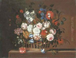 Roses, tulips, morning glory, carnations, delphinium, primrose, narcissi and other flowers in a basket on a stone ledge