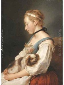 Portrait of a young woman, half-length, holding a spaniel by Charles-Francois Hutin