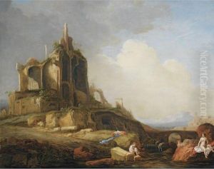A Southern Landscape With Figures Bathing Near Classicalruins