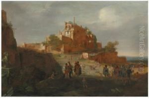 An Italianate Landscape With Soldiers And Ruins On A Hilltopbeyond by Bartholomeus Breenbergh