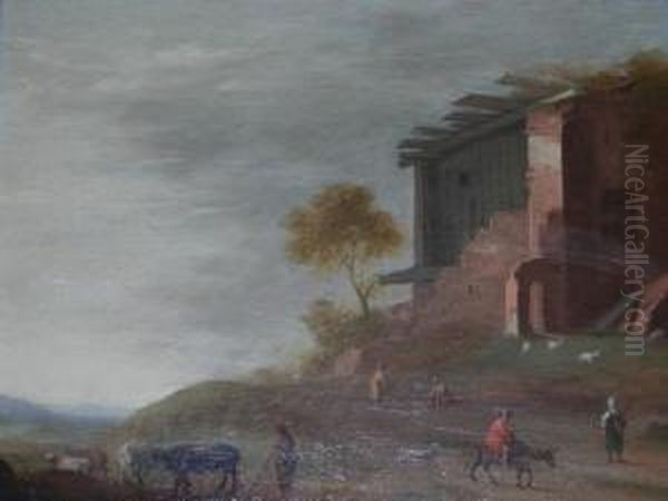 Pastoral Scene With Figures Near A Ruined Timbered Building - view 1