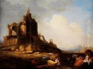Ruinenlandschaft Mit Flusslauf Und Badenden Frauen