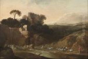 A Wooded River Landscape With A Waterfall by Bartholomeus Breenbergh