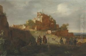 An Italianate Landscape With Soldiers And Ruins On A Hilltop Beyond by Bartholomeus Breenbergh