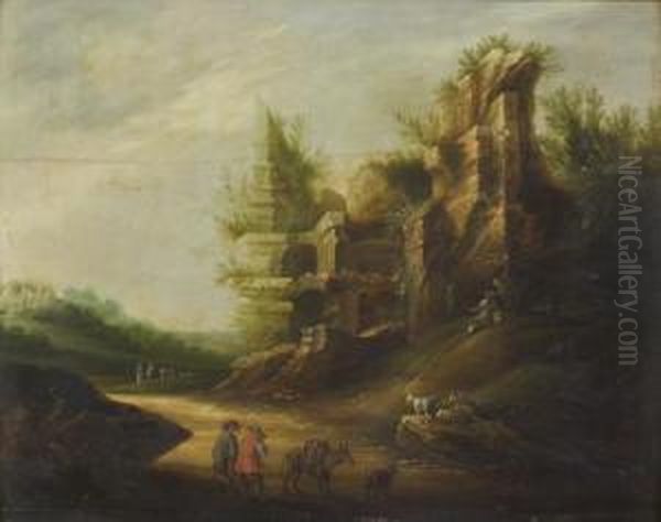 Bergers Et Leur Troupeau Devant Des Ruines Antiques - view 1