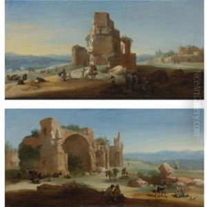 An Extensive Pastoral Landscape With Figures Resting Beneath Ancient Ruins by Bartholomeus Breenbergh