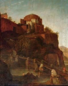 A Mountainous River Landscape With A Bridge Leading To A Rock With Ancient Ruins