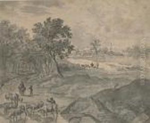 Breiter Weg Mit Viehherden Vor Einem Dorf.