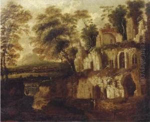 An Italianate Landscape With 
Figures Resting Near An Overgrown Ruin, A River And Town In The Distance by Bartholomeus Breenbergh