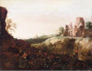 Italianate Landscape With Peasants Picking Flowers, With Some Ruins Beyond by Bartholomeus Breenbergh