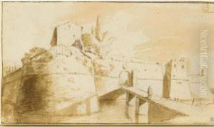 The Castle Of Bracciano, With A Figure Walking Towards The Entrance by Bartholomeus Breenbergh