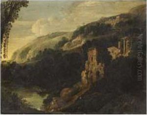 An Italianate Mountainous Landscape With A Washerwoman In The Foregroud Near A Stream by Bartholomeus Breenbergh