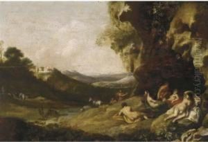 A Classical Landscape With Nymphs And Satyrs In A Grotto by Bartholomeus Breenbergh
