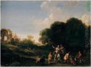 Classical Landscape With Nymphs,
And The Goat Amalthea Being Suckled By The Infant Jupiter With The
Temple Of Minerva Medica Beyond by Bartholomeus Breenbergh