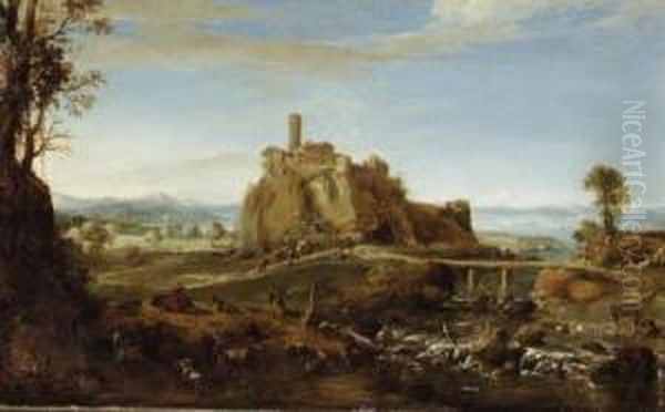 An Italianate Landscape With The
Town Of Acquapendente, Near Rome,and Shepherds And Washerwomen By The
Banks Of A River - view 1
