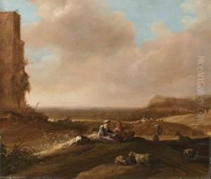 A Shepherd And Shepherdess With A
Dog And Sheep In An Extensivelandscape, Travellers On A Road And A
Bridge Beyond by Bartholomeus Breenbergh