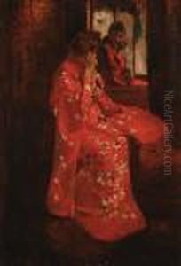 Girl In Red Kimono In Front Of Amirror