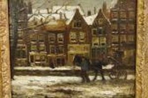 Man Met Paard En Wagen Op Winterse Gracht Man Met Paard En Wagen Op Winterse Gracht