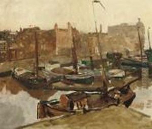 Damrak: Moored Boats On The Damrak With The Victoria Hotel In The Distance, Amsterdam by George Hendrik Breitner