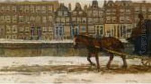 A Horse And Carriage On A Snow Covered Canal In Amsterdam