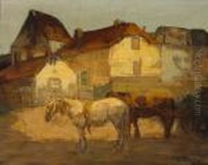 A Village Scene With Two Horses And A Cart In The Foreground by George Hendrik Breitner