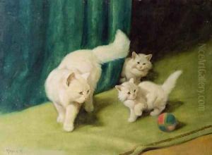 White Persian Cat with Two Kittens by Arthur Heyer