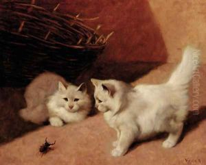 Two white Persian cats with a stag beetle by Arthur Heyer
