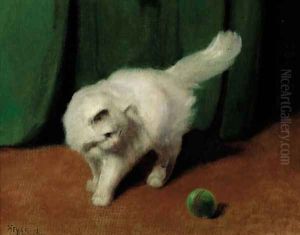 A white Persian cat with a ball by Arthur Heyer