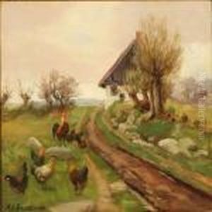 Summer Day On The Country With Free-range Chickens Near Afarmhouse