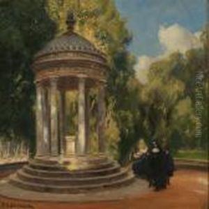 A Nun With Her Students In The Borghese Park In Rome