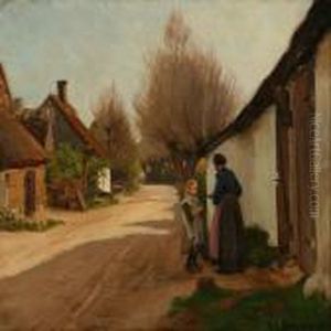 Village Road Withgrandmother And Grandchild In Front Of A House
